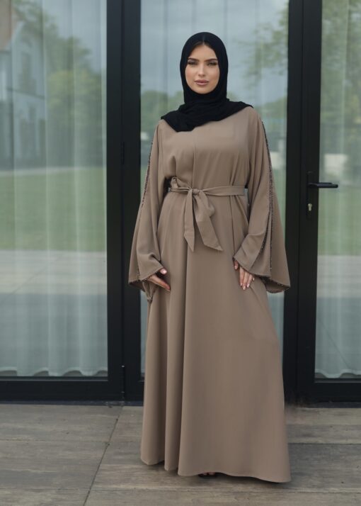 Pearl drape abaya taupe
